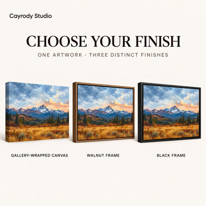 golden mountain meadow canvas art compared across gallery-wrapped canvas, walnut frame, and black frame finishes.