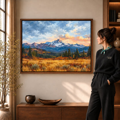 golden mountain meadow canvas art shown in the walnut frame option within a warm living room.