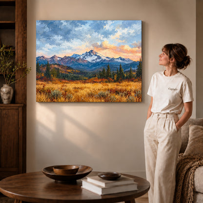 golden mountain meadow canvas art shown in the gallery-wrapped option with natural side shading and warm surroundings.