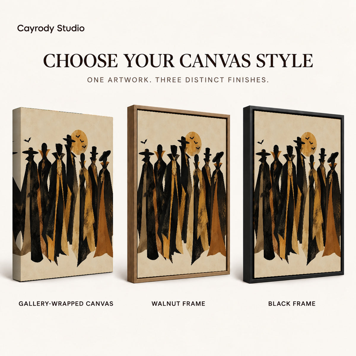 autumn cloaked gathering canvas art compared across gallery-wrapped canvas, walnut frame, and black frame finishes.