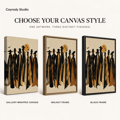 autumn cloaked gathering canvas art compared across gallery-wrapped canvas, walnut frame, and black frame finishes.