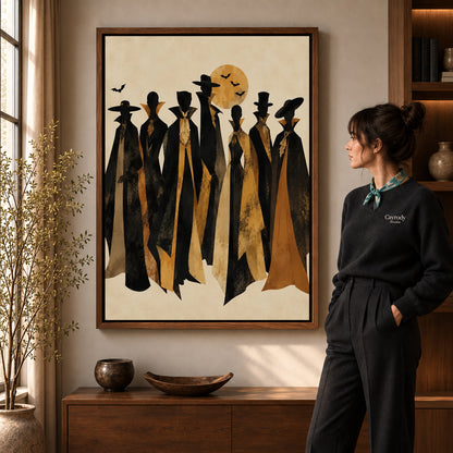 autumn cloaked gathering canvas art shown in the walnut frame option within a warm living room.