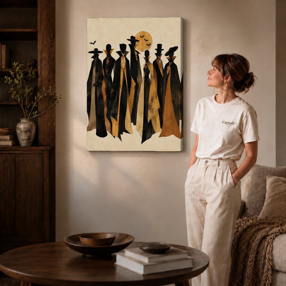 autumn cloaked gathering canvas art shown in the gallery-wrapped option with visible depth and warm surroundings.