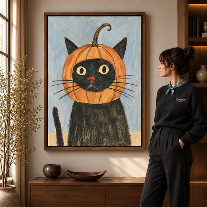 pumpkin hood cat canvas art in a walnut frame beside a standing woman and wooden console.