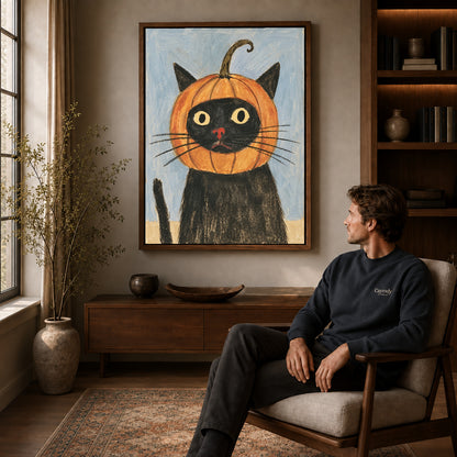 pumpkin hood cat canvas art in a walnut frame above a console beside a seated man.