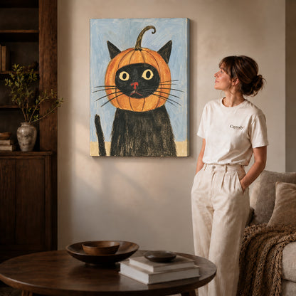 pumpkin hood cat canvas art on gallery-wrapped canvas with natural edge shading beside a standing woman.