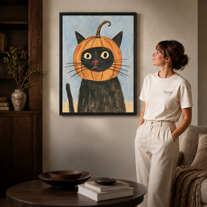 pumpkin hood cat canvas art in a black frame beside a woman and round wooden table.