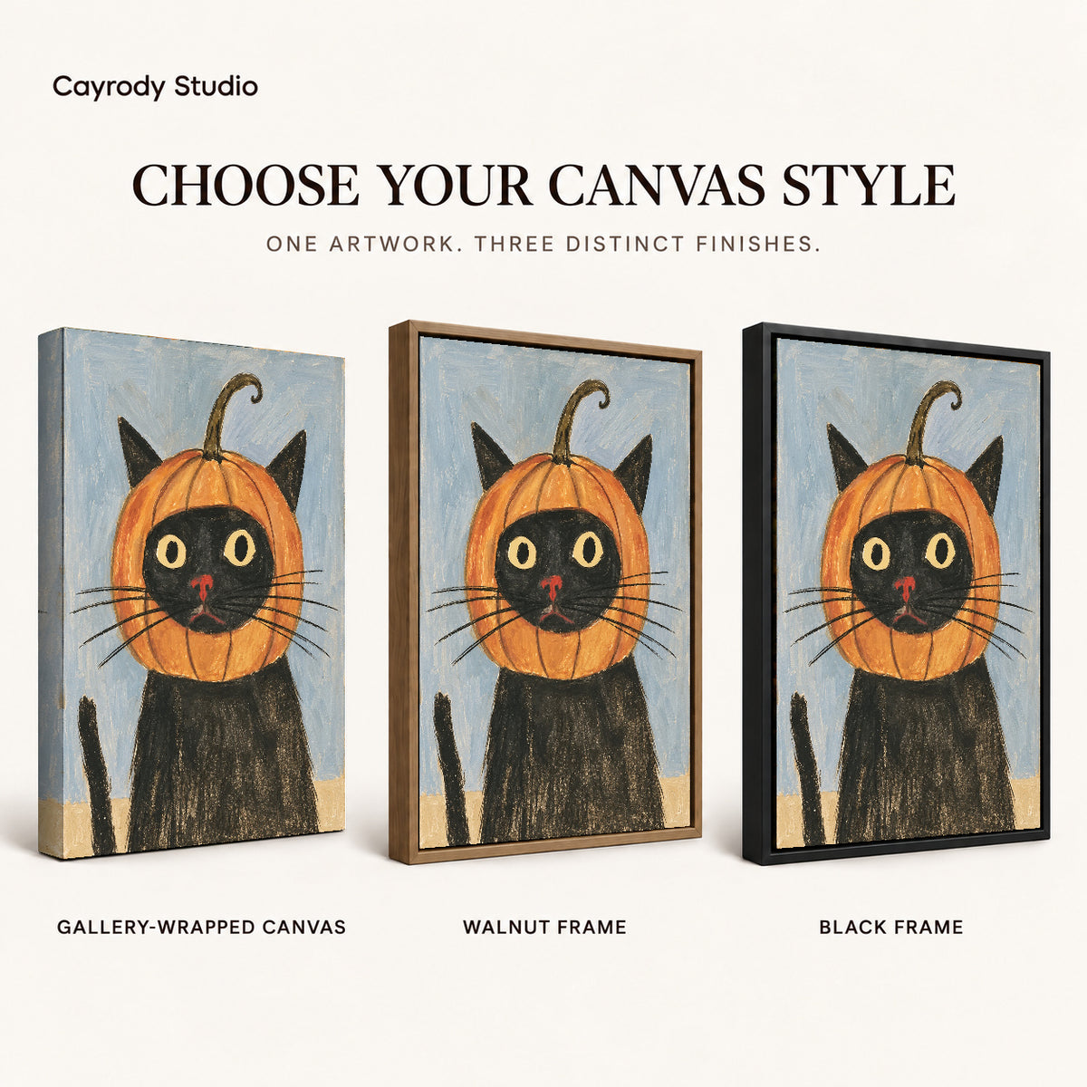 pumpkin hood cat canvas art compared across gallery-wrapped canvas, walnut frame, and black frame finishes.