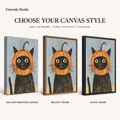pumpkin hood cat canvas art compared across gallery-wrapped canvas, walnut frame, and black frame finishes.