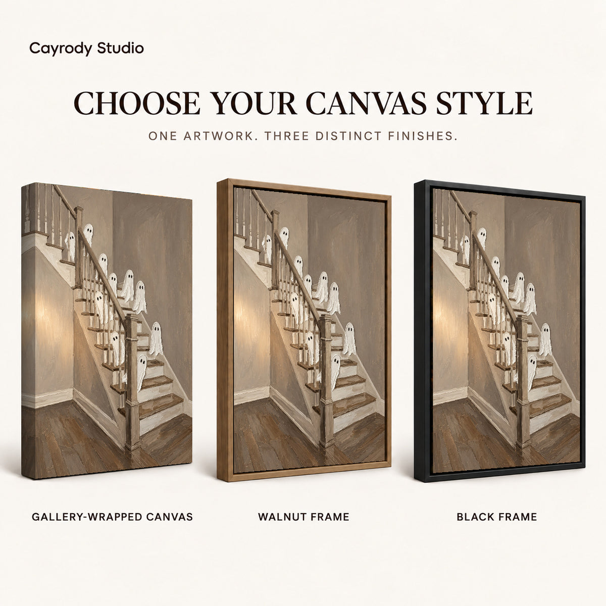 staircase ghost gathering canvas art compared across gallery-wrapped canvas, walnut frame, and black frame finishes.