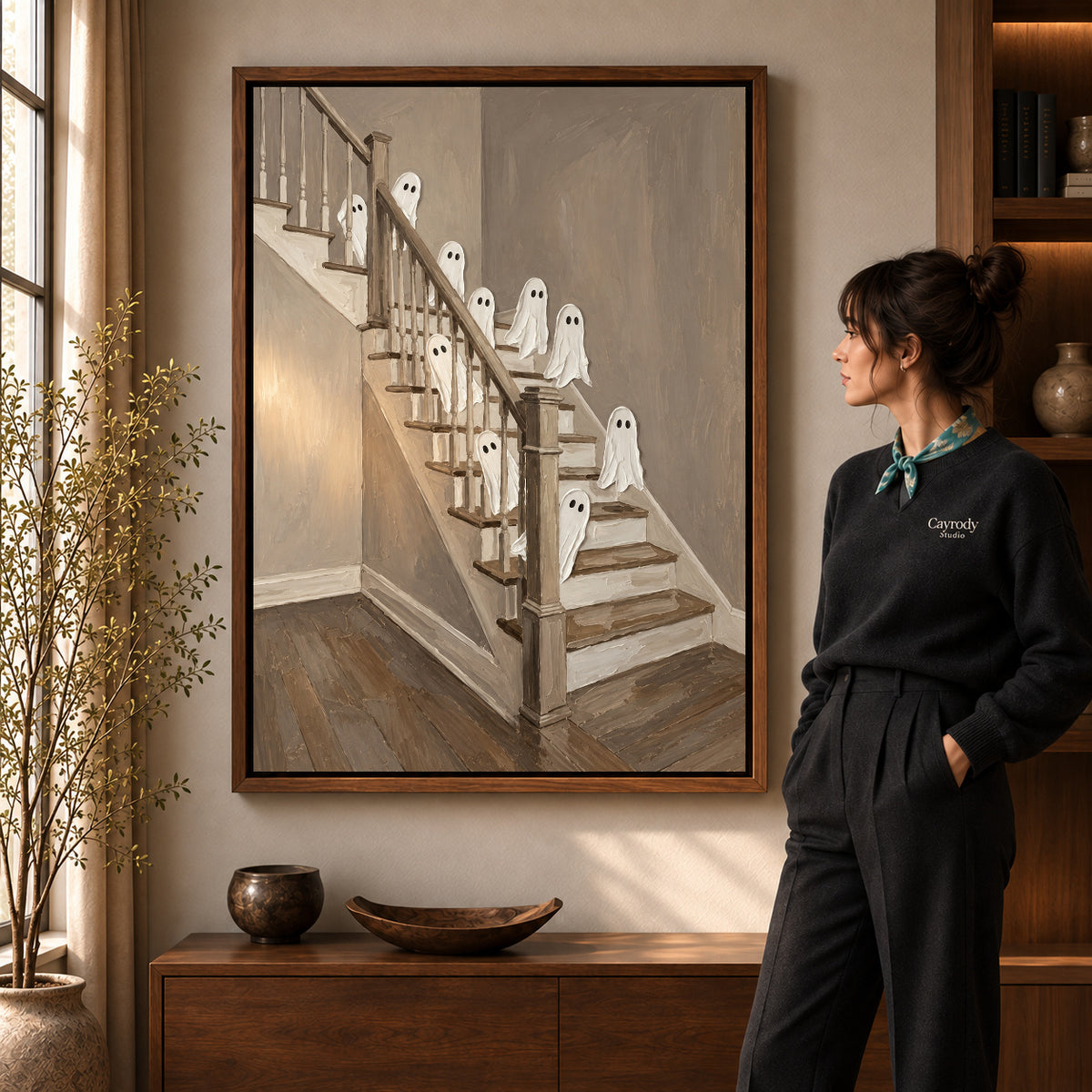 staircase ghost gathering canvas art shown in the walnut frame option within a warm living room.