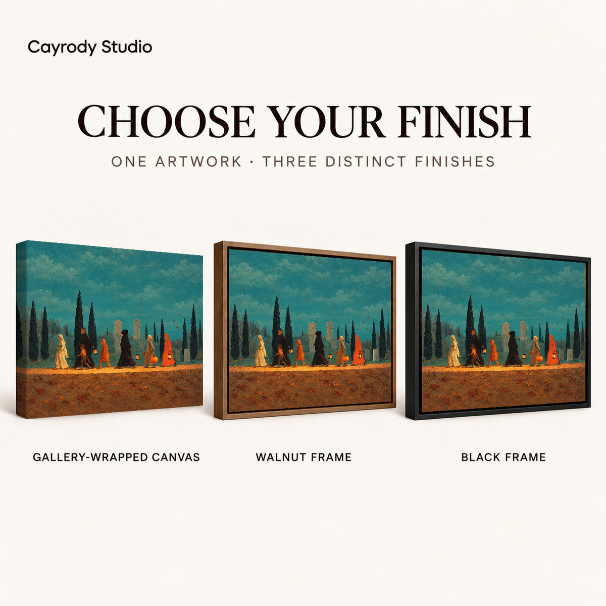 autumn lantern procession canvas art compared across gallery-wrapped canvas, walnut frame, and black frame finishes.