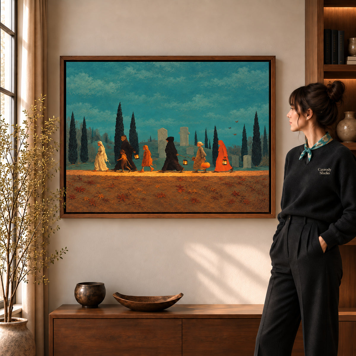 autumn lantern procession canvas art shown in the walnut frame option within a warm living room.