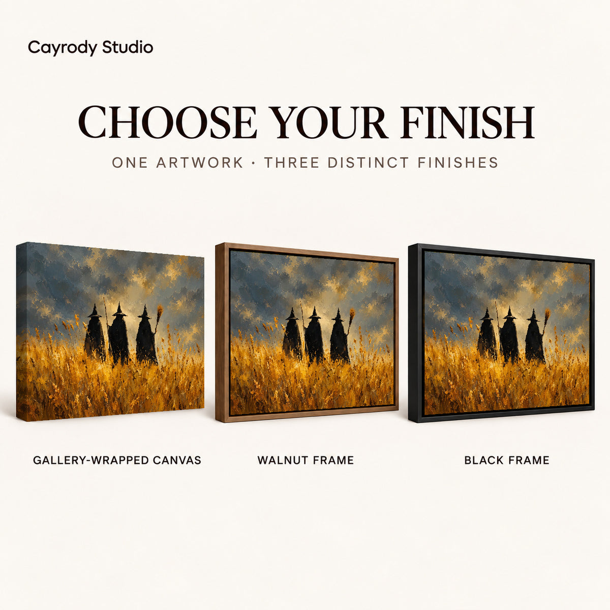 golden meadow witches canvas art compared across gallery-wrapped canvas, walnut frame, and black frame finishes.