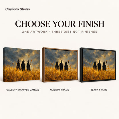 golden meadow witches canvas art compared across gallery-wrapped canvas, walnut frame, and black frame finishes.