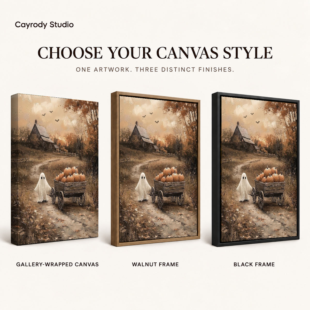 harvest wagon ghost canvas art compared across gallery-wrapped canvas, walnut frame, and black frame finishes.