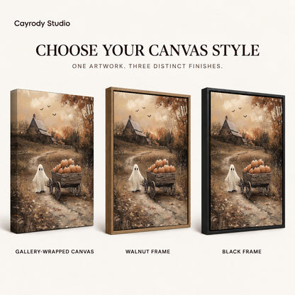 harvest wagon ghost canvas art compared across gallery-wrapped canvas, walnut frame, and black frame finishes.