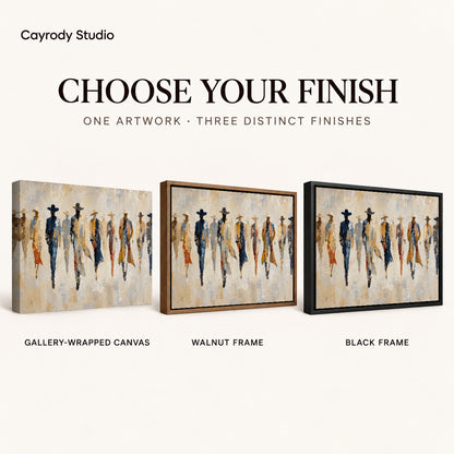 abstract cowboy gathering canvas art compared across gallery-wrapped canvas, walnut frame, and black frame finishes.