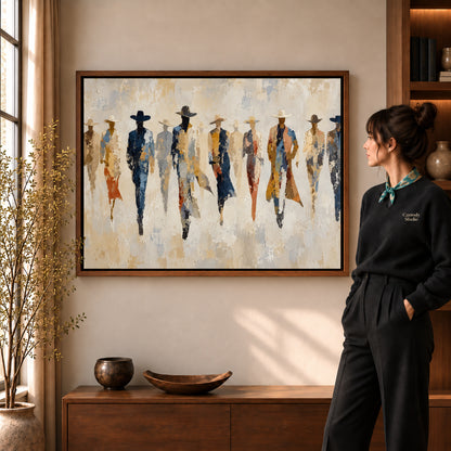 abstract cowboy gathering canvas art shown in the walnut frame option within a warm living room.