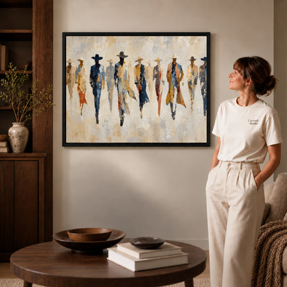 abstract cowboy gathering canvas art shown in the black frame option against a softly lit wall.
