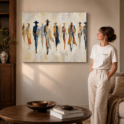 abstract cowboy gathering canvas art shown in the gallery-wrapped option with natural side shading and warm surroundings.