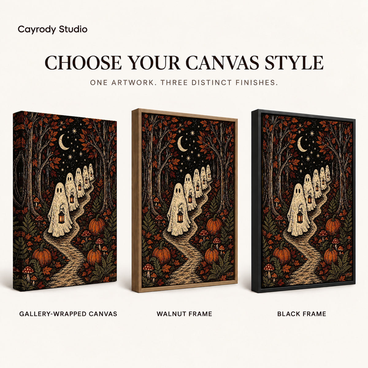 moonlit ghost lanterns canvas art compared across gallery-wrapped canvas, walnut frame, and black frame finishes.