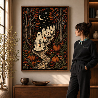 moonlit ghost lanterns canvas art shown in the walnut frame option within a warm living room.