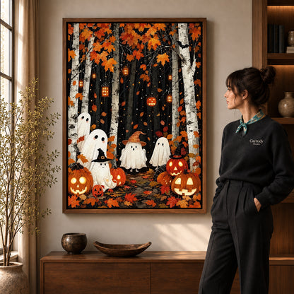birch forest ghosts canvas art in a walnut frame beside a standing woman and wooden console.