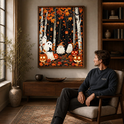 birch forest ghosts canvas art in a walnut frame above a console beside a seated man.