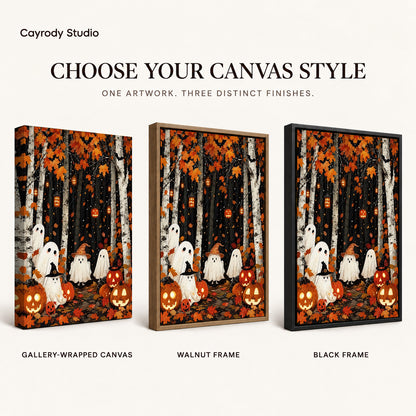 birch forest ghosts canvas art compared across gallery-wrapped canvas, walnut frame, and black frame finishes.