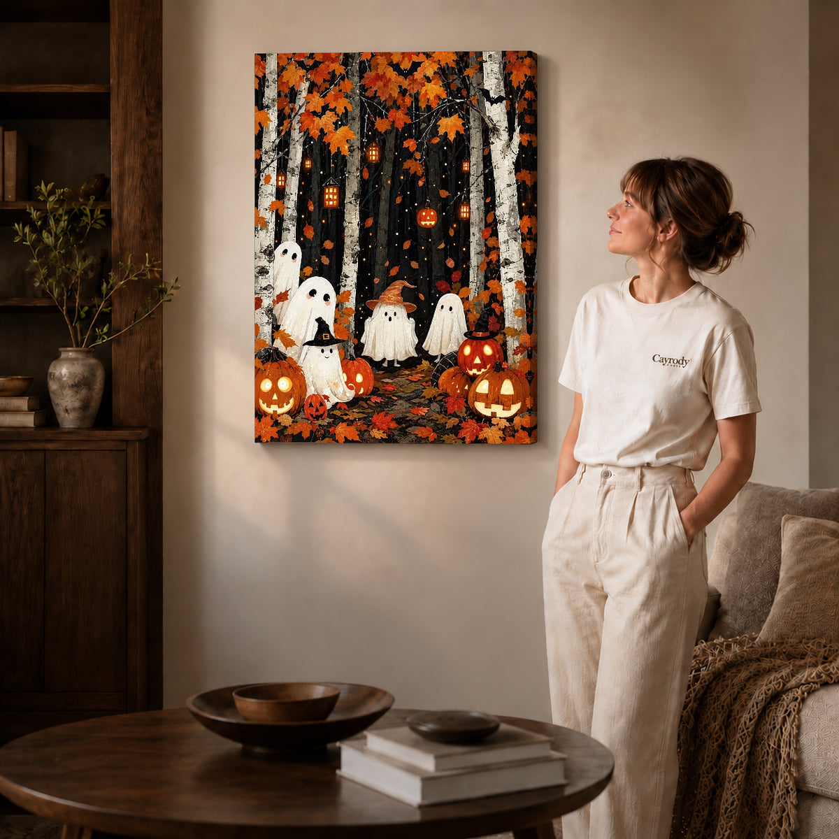 birch forest ghosts canvas art shown in the gallery-wrapped option with visible depth and warm surroundings.