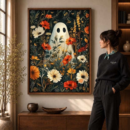 botanical ghost garden canvas art in a walnut frame beside a standing woman and wooden console.