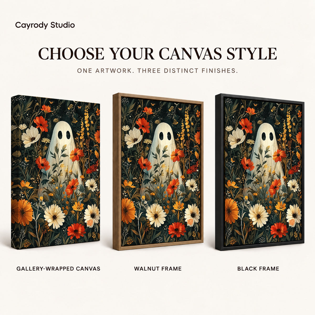 botanical ghost garden canvas art compared across gallery-wrapped canvas, walnut frame, and black frame finishes.