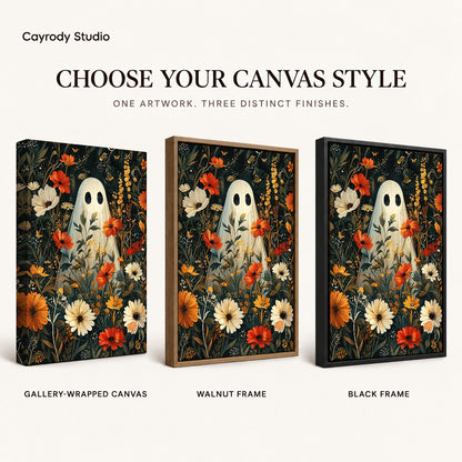 botanical ghost garden canvas art compared across gallery-wrapped canvas, walnut frame, and black frame finishes.