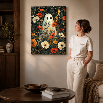 botanical ghost garden canvas art shown in the gallery-wrapped option with visible depth and warm surroundings.