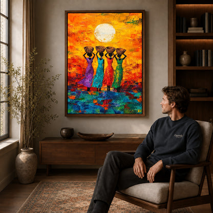 sunlit basket women canvas art in a walnut frame above a console beside a seated man.
