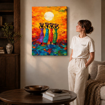 sunlit basket women canvas art on gallery-wrapped canvas with natural edge shading beside a standing woman.