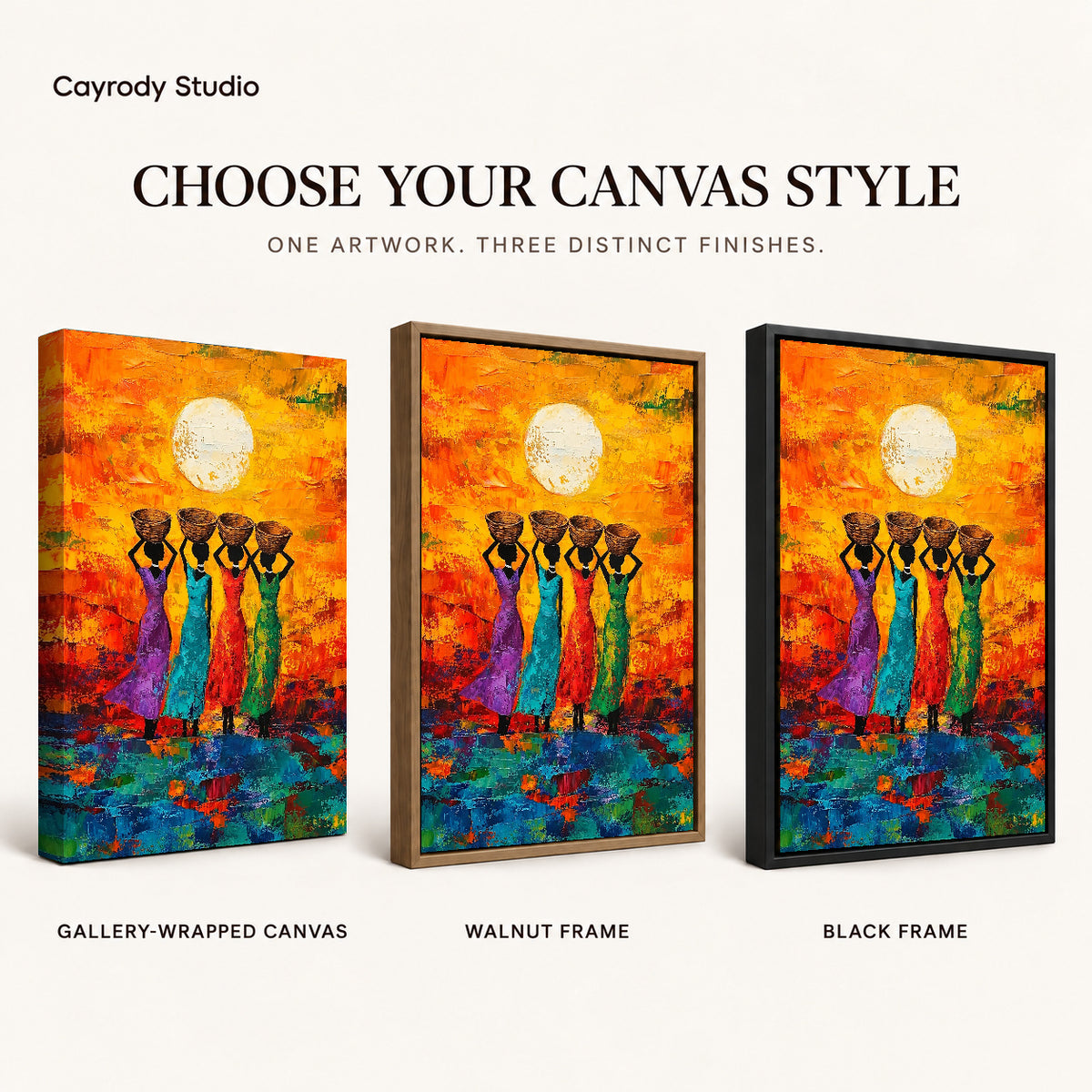 sunlit basket women canvas art compared across gallery-wrapped canvas, walnut frame, and black frame finishes.