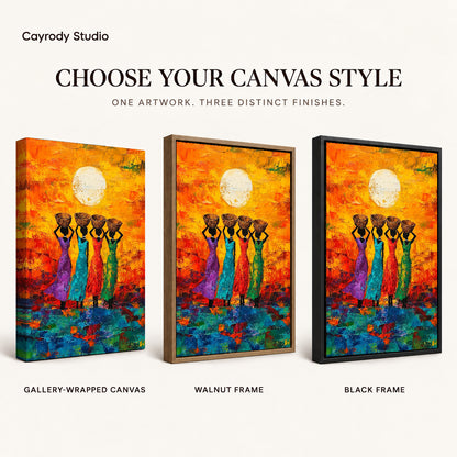 sunlit basket women canvas art compared across gallery-wrapped canvas, walnut frame, and black frame finishes.