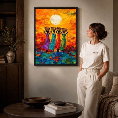 sunlit basket women canvas art shown in the black frame option against a softly lit wall.