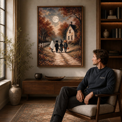 moonlit costume walk canvas art in a walnut frame above a console beside a seated man.