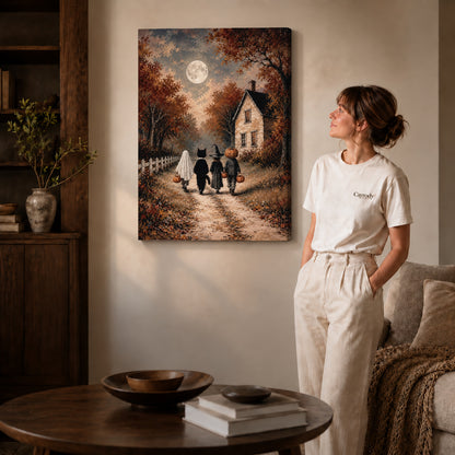 moonlit costume walk canvas art on gallery-wrapped canvas with natural edge shading beside a standing woman.