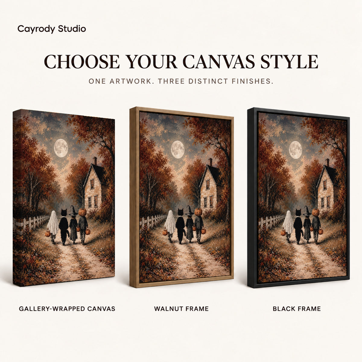 moonlit costume walk canvas art compared across gallery-wrapped canvas, walnut frame, and black frame finishes.