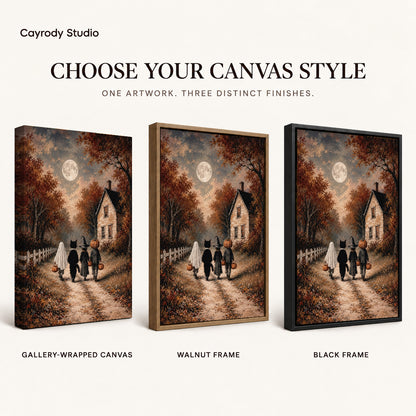 moonlit costume walk canvas art compared across gallery-wrapped canvas, walnut frame, and black frame finishes.