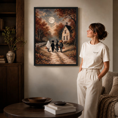 moonlit costume walk canvas art shown in the black frame option against a softly lit wall.