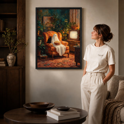 popcorn ghost evening canvas art in a black frame beside a woman and round wooden table.