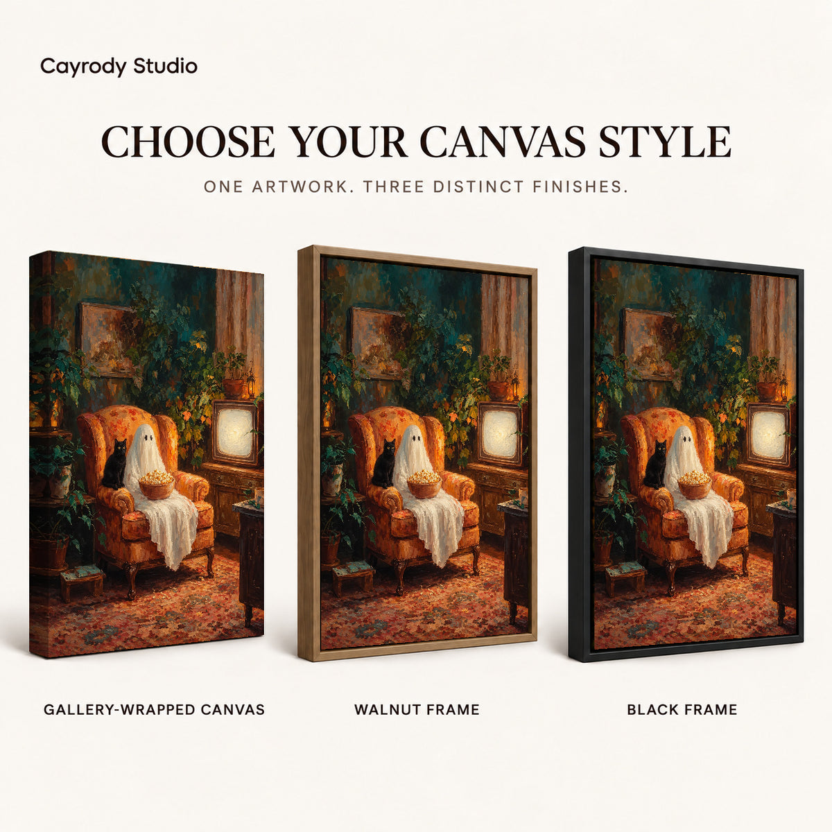 popcorn ghost evening canvas art compared across gallery-wrapped canvas, walnut frame, and black frame finishes.
