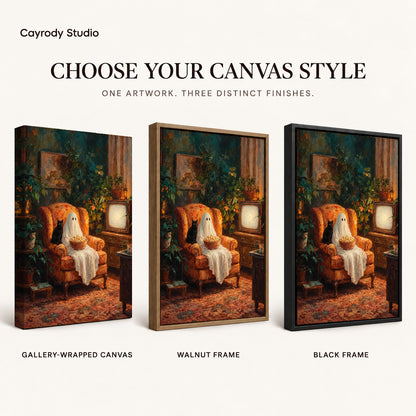 popcorn ghost evening canvas art compared across gallery-wrapped canvas, walnut frame, and black frame finishes.