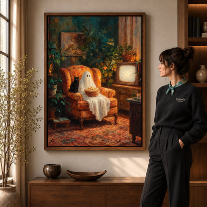 popcorn ghost evening canvas art shown in the walnut frame option within a warm living room.