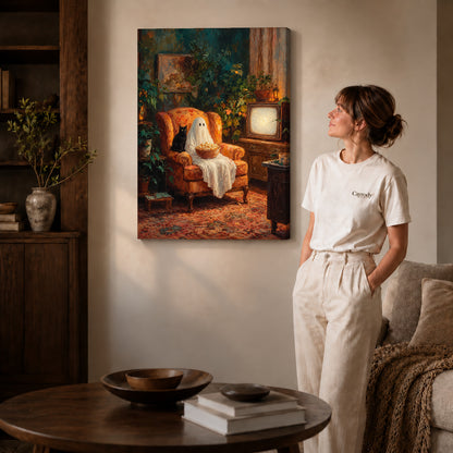 popcorn ghost evening canvas art shown in the gallery-wrapped option with visible depth and warm surroundings.